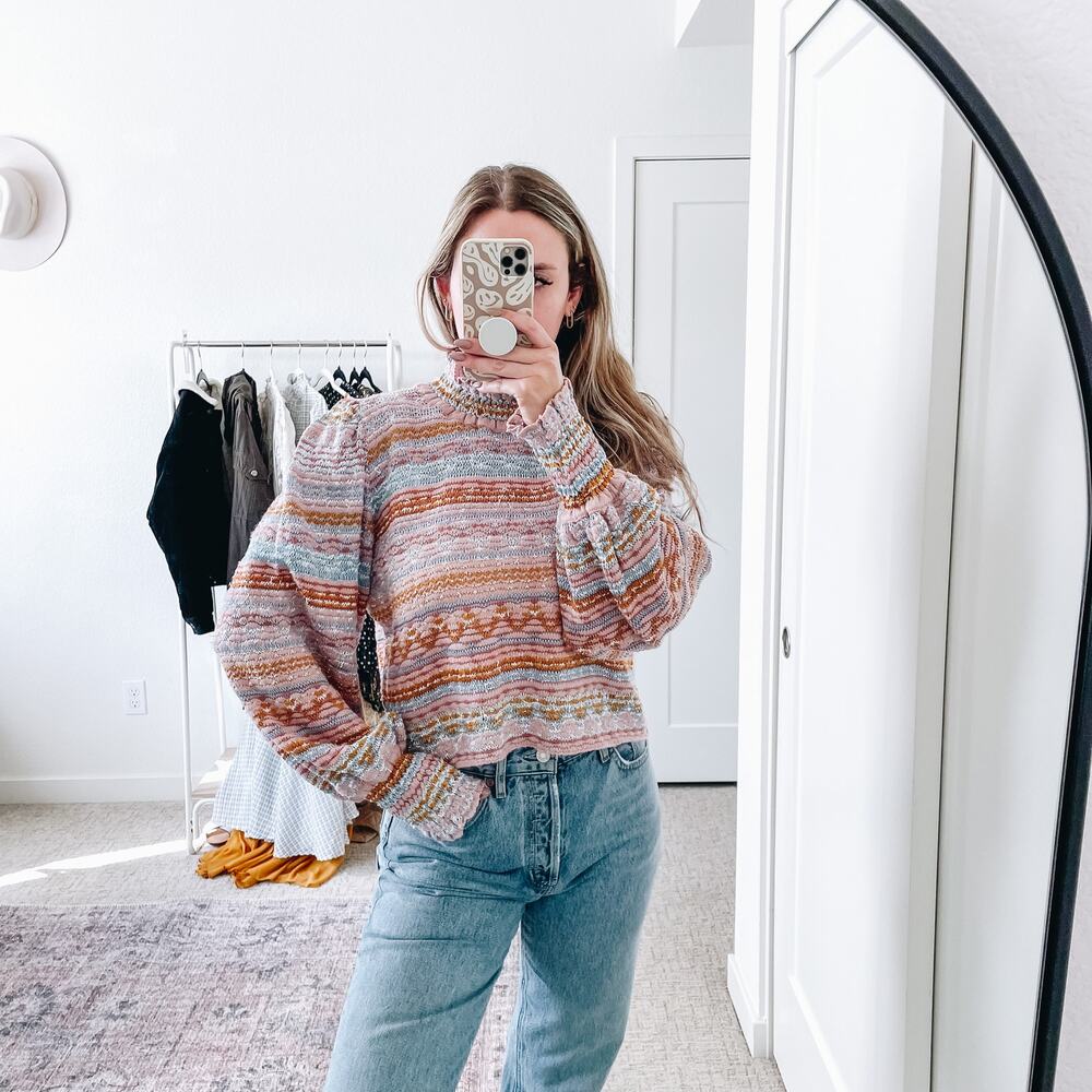 CECELIA PRADO Anthropologie Knit‎ Pastel Striped Balloon Sleeve Sweater GUC L